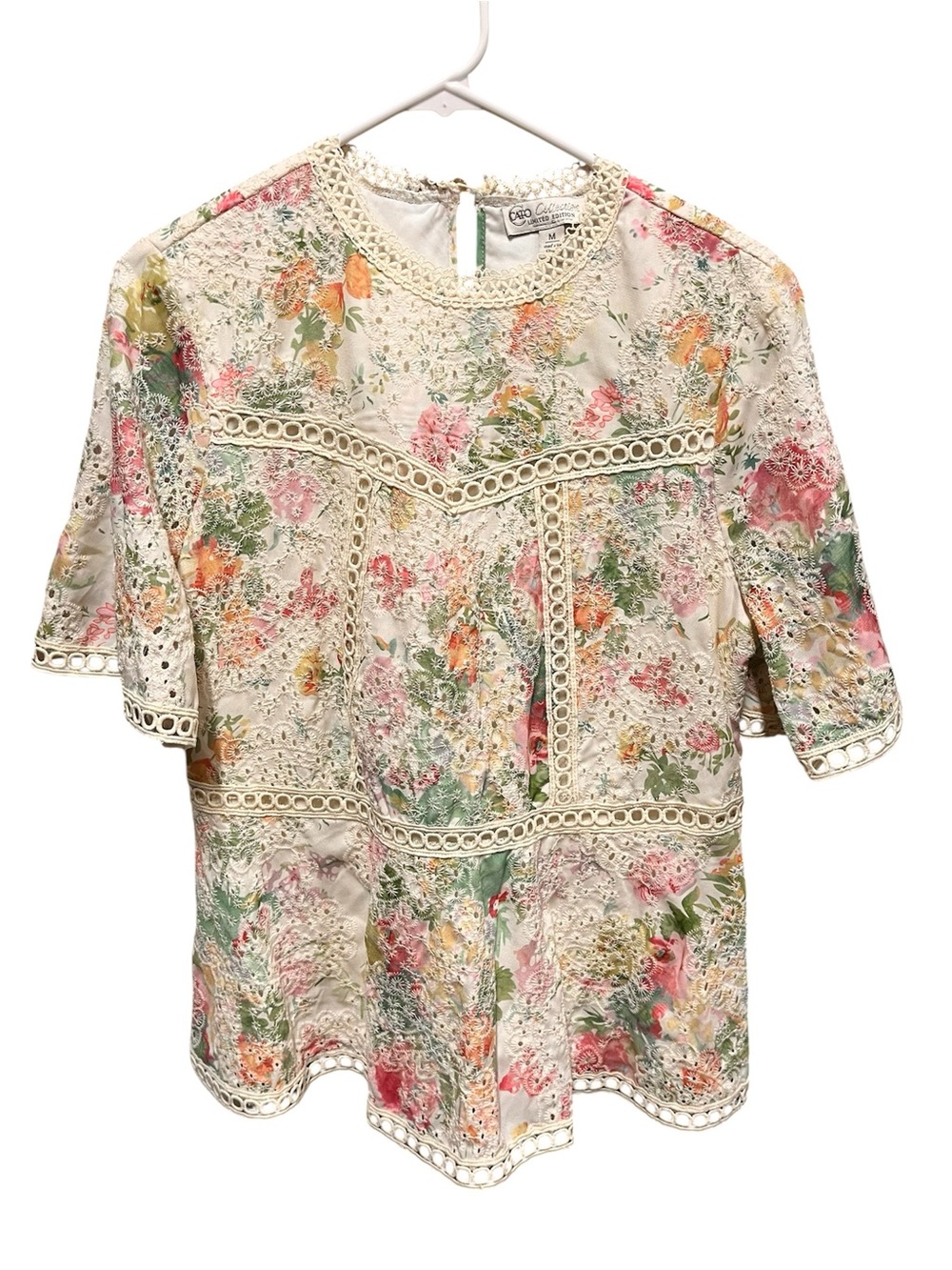 Cato Collection Crochet-Trim Floral Lace Top Cream with Pastel Florals Medium